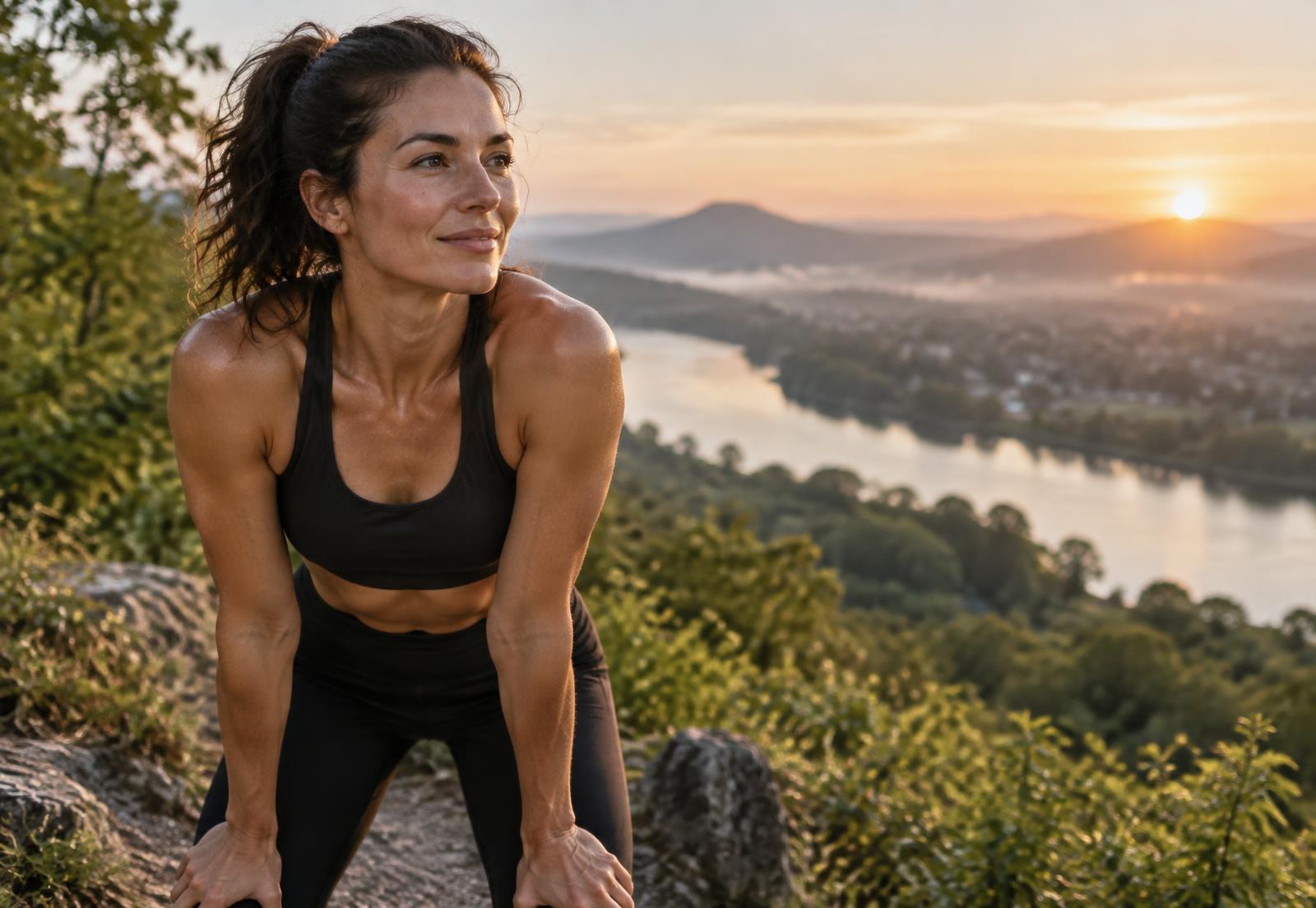 An active woman taking a restorative pause outdoors